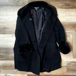 Steve by Searle Collared Fur Trim Black Wool Double Breasted Ling Coat Size 4
